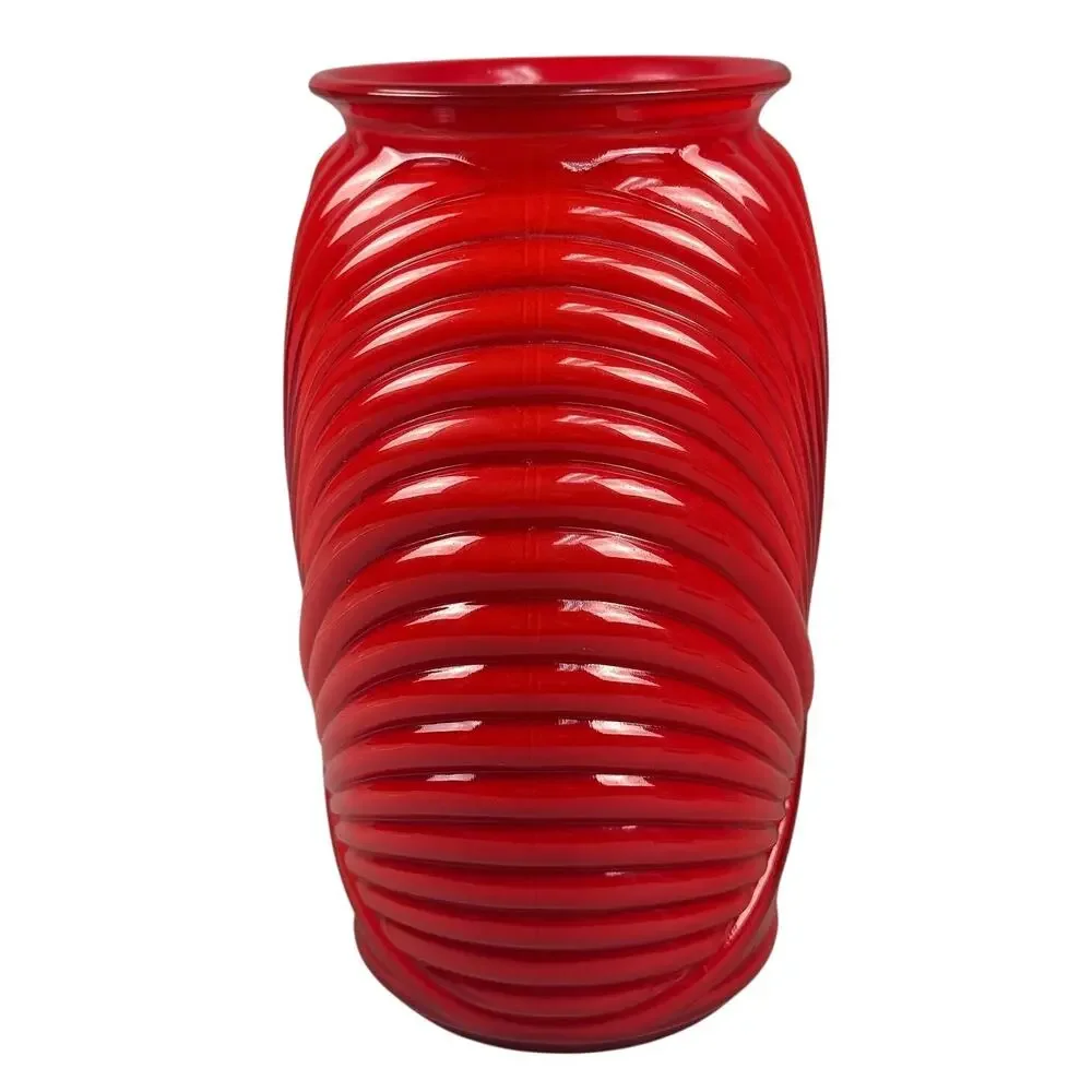 Vintage Anchor Hocking Red Glass Vase Art Deco Pleated Ribbed Design 1980's
